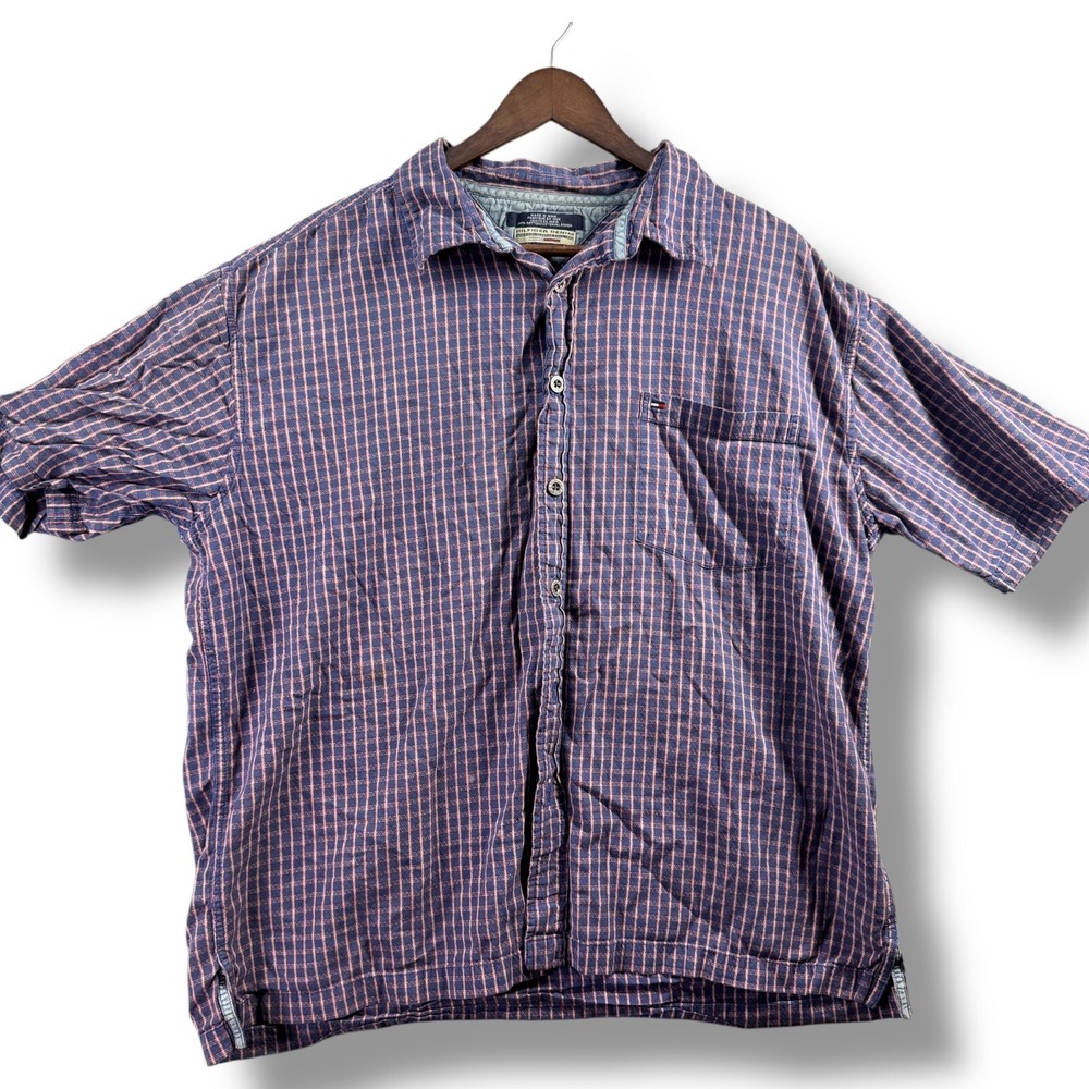 Hilfiger‎ Denim Mens Button Front Shirt Size XXL Checked Red Blue Short Sleeve